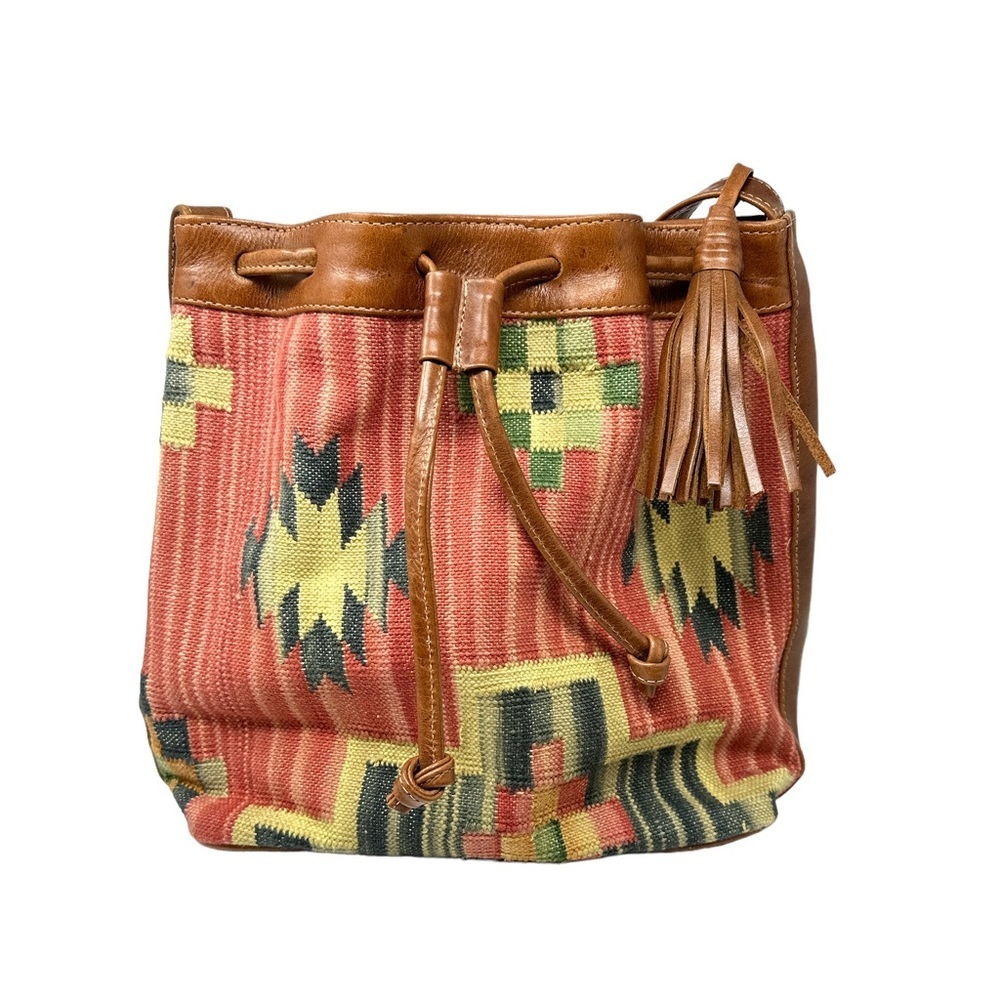 Vintage Multicolor Patterned Bucket Bag, Southwestern, Tribal, Tassel Carpet Bag - Picture 2 of 8
